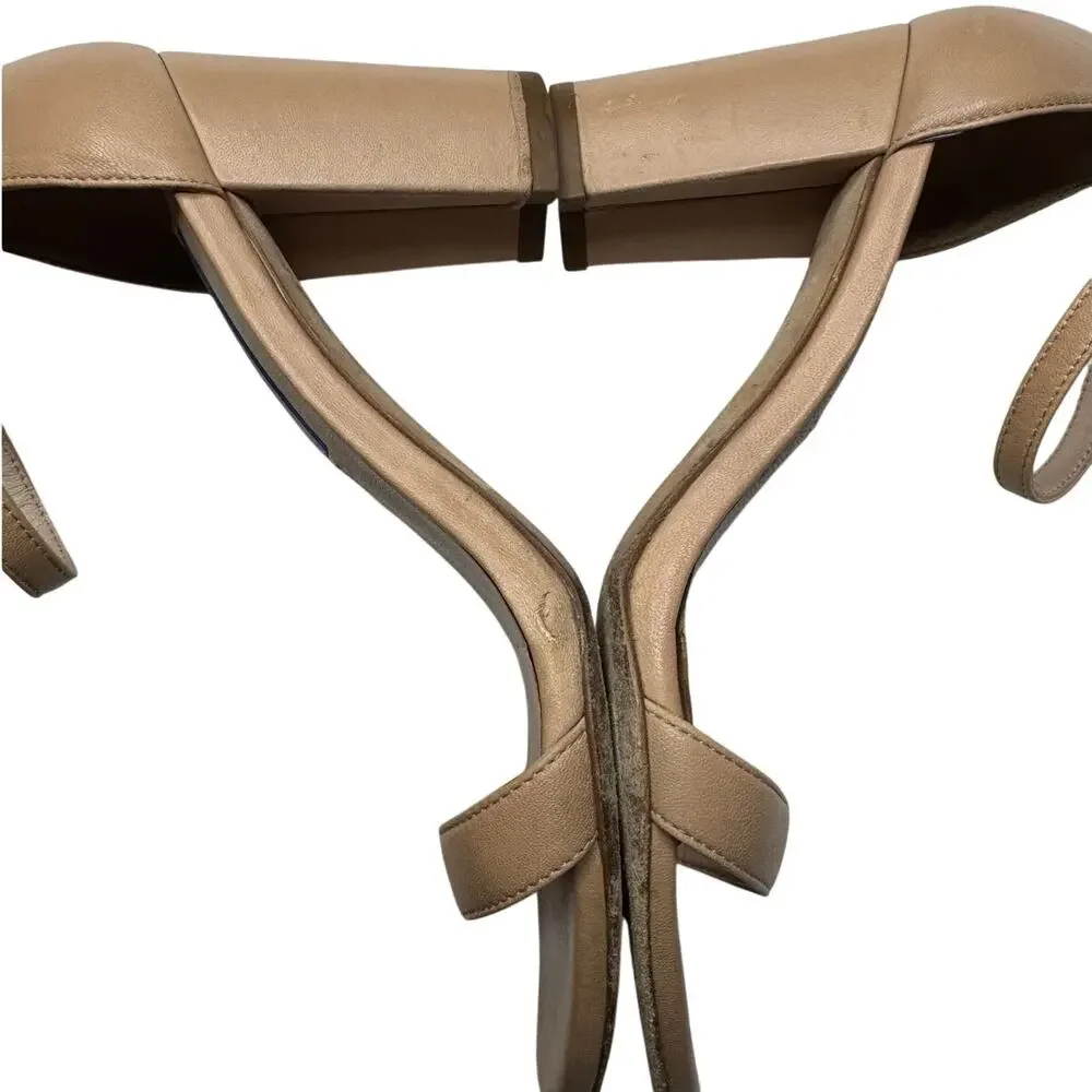 Stuart Weitzman Nude Leather Ankle Strap Block Heel Sandals 6 Flawed